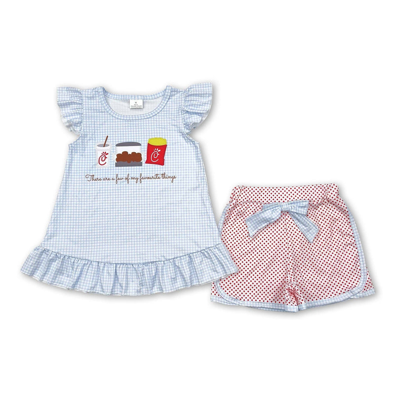Flutter sleeves plaid fries top polka dots shorts girls clothes