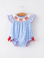 4th of july Flag Embroidery Smocking Girls Romper