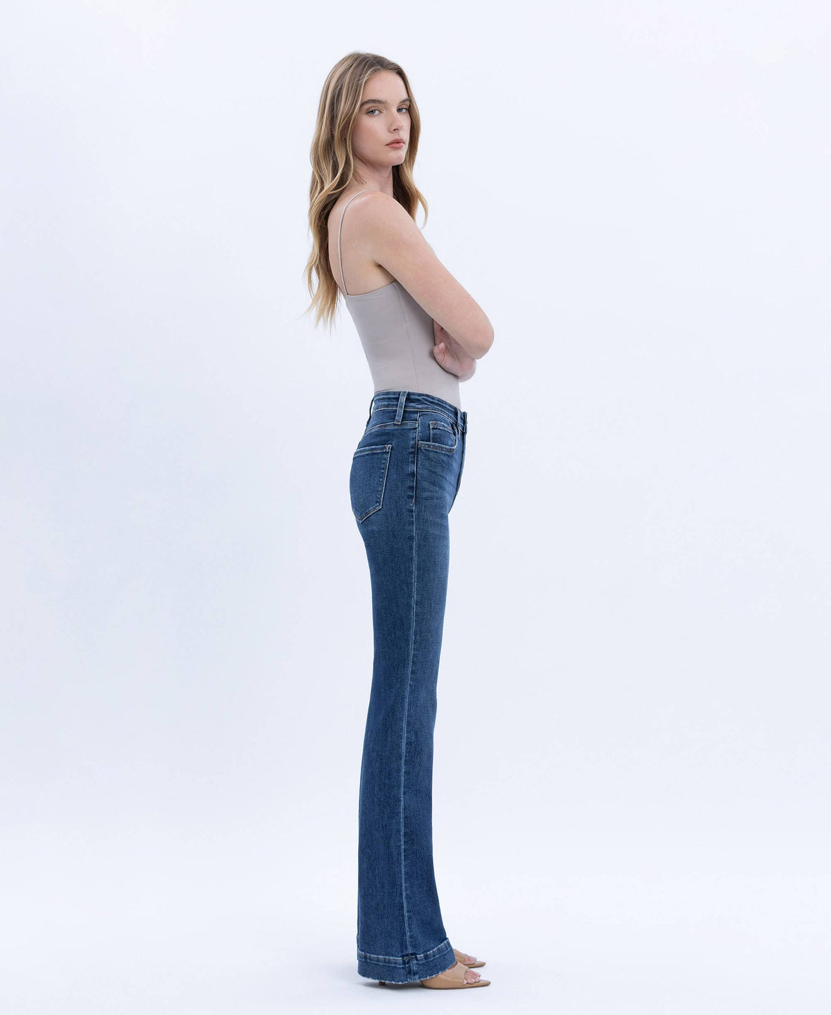 HIGH RISE DARK WASH TROUSER HEM BOOTCUT JEANS T6501