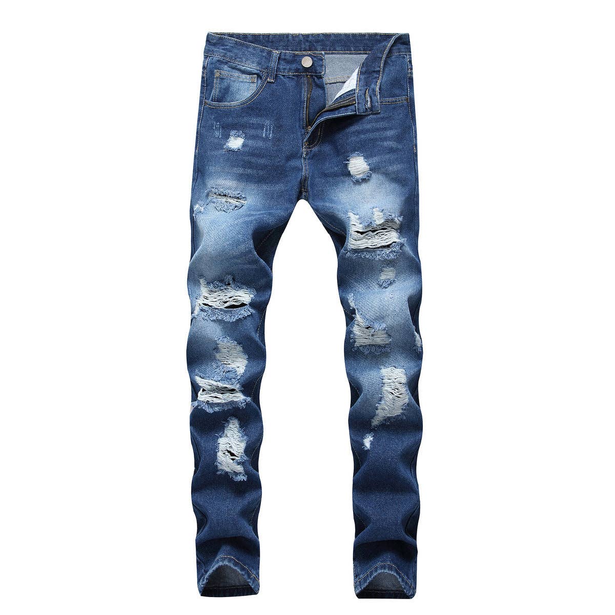 Men Casual Ripped Slim-Fit Straight Cotton Jeans
