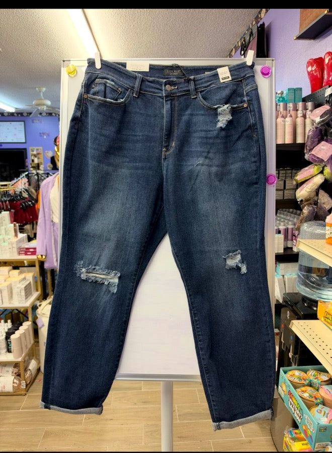 Judy Blues Distressed Cuffed Jeans - Blue
